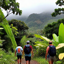 Caribbean Holidays, August Adventure, Hikers walking through lush rainforest on Mount Liamuiga in Saint Kitts, with tropical leaves and misty mountain slopes