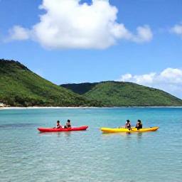 Caribbean Holidays, August Adventure, Kayakers exploring calm turquoise water along the coast of Tobago, with green hills and a bright Caribbean sky