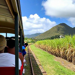 Caribbean Holidays, August Adventure, Scenic railway journey passing sugar cane fields and hills on Saint Kitts, with passengers enjoying the view