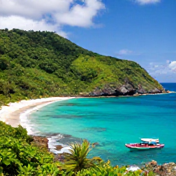 Caribbean Holidays, August Adventures, A colourful Caribbean island coastline in August, with turquoise sea, lush green hills and a small adventure boat near the shore