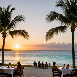 Caribbean Holidays, August Adventures, A comfortable Caribbean resort near a calm turquoise bay at sunset, with outdoor dining, palm trees and guests relaxing after an active day