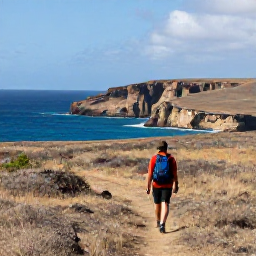 Caribbean Holidays, August Adventures, A hiker walking through Cura&ccedil;ao&rsquo;s dry landscape towards rugged cliffs and the blue Caribbean Sea