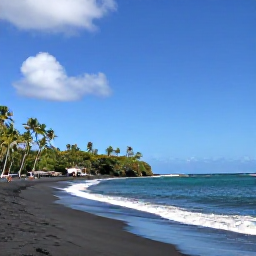Caribbean Holidays, August Adventures, A peaceful black-sand beach and tropical coastline in Saint Vincent, with palm trees, gentle waves and a small group of visitors