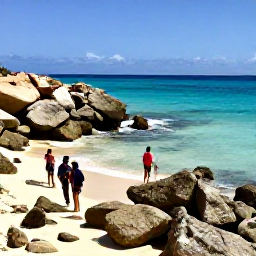 Caribbean Holidays, August Adventures, A sunny Cura&ccedil;ao coastline in August with turquoise water, rugged rocks and a small adventurous group exploring the shore