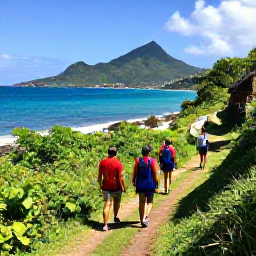 Caribbean Holidays, August Adventures, Hikers walking along a green coastal trail above the sea on Saint Martin, tropical August landscape