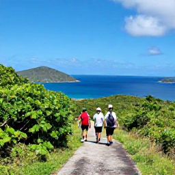 Caribbean Holidays, August Adventures, Hikers walking along a green coastal trail with views across the British Virgin Islands