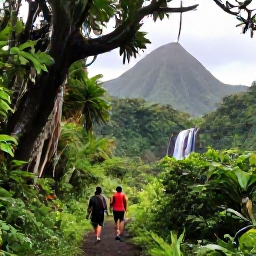 Caribbean Holidays, August Adventures, Hikers walking along a lush Caribbean forest trail towards a waterfall, with volcanic mountains and tropical foliage