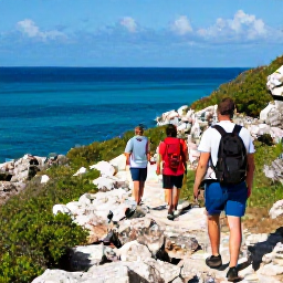 Caribbean Holidays, August Adventures, Hikers walking along a rugged coastal trail overlooking the bright blue sea on Grand Turk, Turks and Caicos