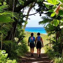 Caribbean Holidays, August Adventures, Hikers walking along a shaded tropical trail in Virgin Islands National Park on St John, with sea views through the trees