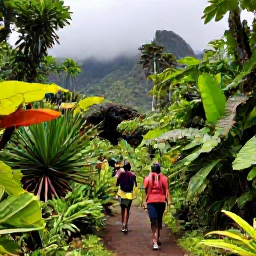 Caribbean Holidays, August Adventures, Hikers walking through lush rainforest on the La Soufri&egrave;re trail, with tropical plants, misty mountains and a local guide