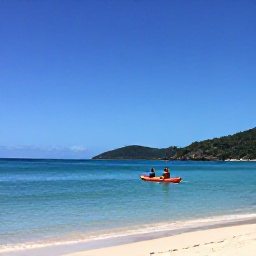 Caribbean Holidays, August Adventures, Kayaker paddling across calm turquoise water beside a sandy beach in the British Virgin Islands
