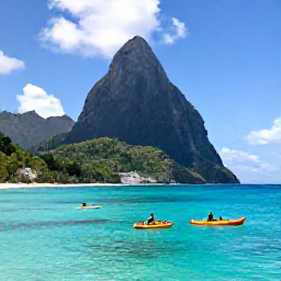Caribbean Holidays, August Adventures, Kayakers and snorkellers enjoying clear turquoise water near Saint Lucia&rsquo;s Pitons, with a dramatic volcanic coastline and bright sky
