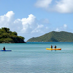Caribbean Holidays, August Adventures, Kayakers exploring calm turquoise water beside green islands in the United States Virgin Islands under a bright August sky