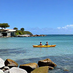 Caribbean Holidays, August Adventures, Kayakers paddling through clear Caribbean water beside rocky coves on Saint Martin, sunny August morning