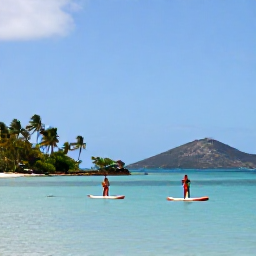 Caribbean Holidays, August Adventures, Stand-up paddleboarders gliding across a peaceful Caribbean bay near St Thomas, with palm trees and distant hills