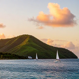 Caribbean Holidays, August Adventures, Sunset over Saint Vincent and the Grenadines, with green hills, calm blue water, a sailing boat and warm evening light
