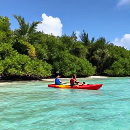 Caribbean Holidays, August Adventures, Travellers kayaking through clear shallow water beside mangroves in Providenciales, Turks and Caicos