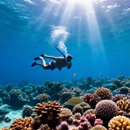 Caribbean Holidays, August Adventures, Travellers snorkelling above a colourful coral reef in clear Caribbean water, with tropical fish and sunlight filtering from above