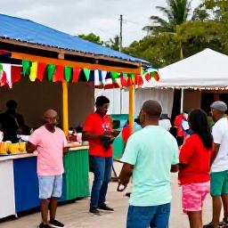 Caribbean Holidays, August Adventures, Visitors enjoying a lively Caribbean village festival in August, with local musicians, colourful decorations and traditional food stalls