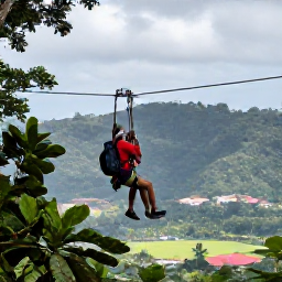 Caribbean Holidays, August Adventures, Visitors enjoying an adventurous zipline experience high above Saint Lucia&rsquo;s rainforest canopy, with green hills and tropical scenery below