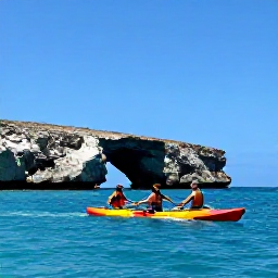 Caribbean Holidays, August Adventures, Visitors kayaking through clear blue water beside the dramatic coastline of Cura&ccedil;ao under a bright August sky