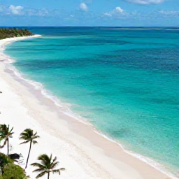 Caribbean Holidays, August All Inclusive, A bright aerial view of Grace Bay Beach in Turks and Caicos, with clear turquoise water, soft white sand and a few palm trees
