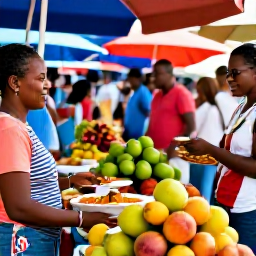Caribbean Holidays, August All Inclusive, A colourful Trinidad and Tobago market with local fruit, Caribbean dishes, smiling vendors and visitors enjoying the island food scene