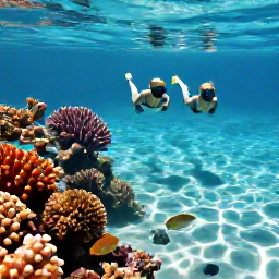 Caribbean Holidays, August All Inclusive, A couple snorkelling above a colourful coral reef in clear shallow water off Turks and Caicos, with tropical fish and sunlight on the sea floor