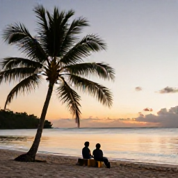Caribbean Holidays, August All Inclusive, A couple watching the sunset from a peaceful Trinidad and Tobago beach, with palm silhouettes, warm evening light and the calm Caribbean Sea