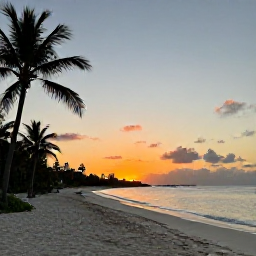 Caribbean Holidays, August All Inclusive, A peaceful evening on Grace Bay Beach in Turks and Caicos, with warm sunset colours, gentle waves and silhouettes of palm trees