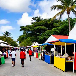 Caribbean Holidays, August All-Inclusive, Colourful Caribbean market and island street in August, local food stalls, music, tropical scenery and friendly atmosphere