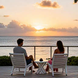 Caribbean Holidays, August All-Inclusive, Couple enjoying a quiet Caribbean sunset from an all-inclusive resort terrace, sea views and warm evening light
