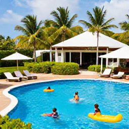 Caribbean Holidays, August All-Inclusive, Family-friendly Caribbean resort in August with a swimming pool, children playing, parents relaxing and tropical gardens