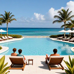 Caribbean Holidays, August All Inclusive, Guests relaxing beside an elegant Tobago resort pool, with sun loungers, tropical plants and a glimpse of the Caribbean Sea
