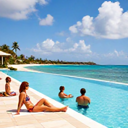 Caribbean Holidays, August All Inclusive, Guests relaxing beside an infinity pool overlooking a Caribbean beach at an all-inclusive resort on St Thomas