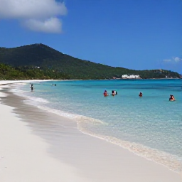 Caribbean Holidays, August All Inclusive, White sandy beach and clear shallow water at Magens Bay on St Thomas, with green hills in the background and visitors swimming