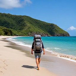 Caribbean Holidays, August Backpacking, A backpacker with a rucksack walking along a quiet tropical beach on Saint Vincent, with green hills and turquoise Caribbean water