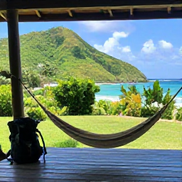 Caribbean Holidays, August Backpacking, A simple guesthouse terrace overlooking tropical hills and the Caribbean Sea, with a backpack, hammock and relaxed island atmosphere
