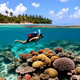 Caribbean Holidays, August Backpacking, Backpacker snorkelling above a colourful coral reef in clear Caribbean water near a quiet tropical island