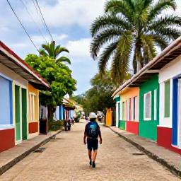 Caribbean Holidays, August Backpacking, Backpacker walking along a colourful street in Port of Spain, Trinidad, with tropical greenery and lively local shops