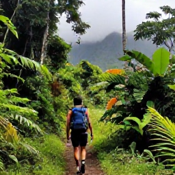 Caribbean Holidays, August Backpacking, Backpacker walking along a lush rainforest trail in Dominica during August, with misty mountains and tropical foliage