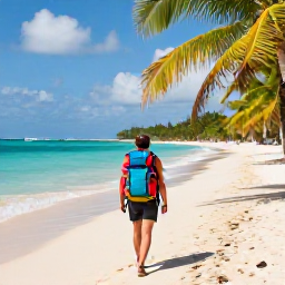 Caribbean Holidays, August Backpacking, Backpacker walking along a sunny Caribbean beach with a colourful rucksack, palm trees and turquoise water