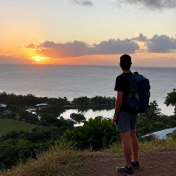 Caribbean Holidays, August Backpacking, Backpacker watching a colourful Caribbean sunset from a hillside viewpoint in Tobago, with tropical coast and calm sea below