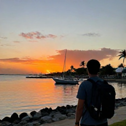 Caribbean Holidays, August Backpacking, Backpacker watching a colourful Caribbean sunset from a quiet harbour with boats and palm trees