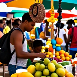Caribbean Holidays, August Backpacking, Colourful Caribbean street market with fresh fruit, local crafts and relaxed backpackers browsing stalls