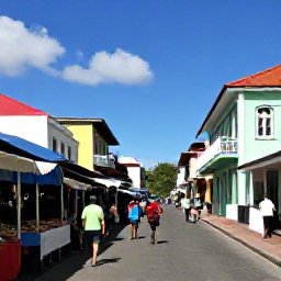 Caribbean Holidays, August Backpacking, Colourful Roseau street scene in August with local market stalls, Caribbean buildings and travellers exploring