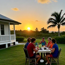 Caribbean Holidays, August Backpacking, Friendly Caribbean guesthouse courtyard at sunset with backpackers dining at a shared outdoor table