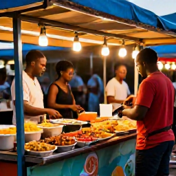 Caribbean Holidays, August Backpacking, Friendly local food stall serving Trinidadian street food at an evening market, with colourful dishes and warm lights