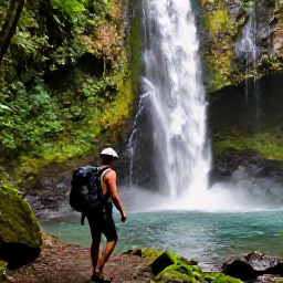 Caribbean Holidays, August Backpacking, Hiker crossing a rainforest path beside a powerful waterfall and a clear natural pool in Dominica