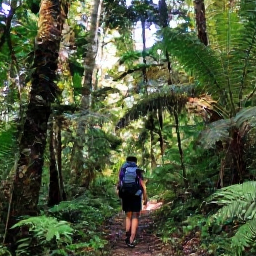 Caribbean Holidays, August Backpacking, Hiker exploring a lush rainforest trail in the Northern Range of Trinidad, with tall trees, ferns and filtered tropical sunlight